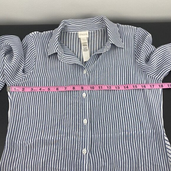 Chico's Women's Lightweight Striped Button Up Size 0/S Blue White Sheer Blouse - Picture 5 of 7